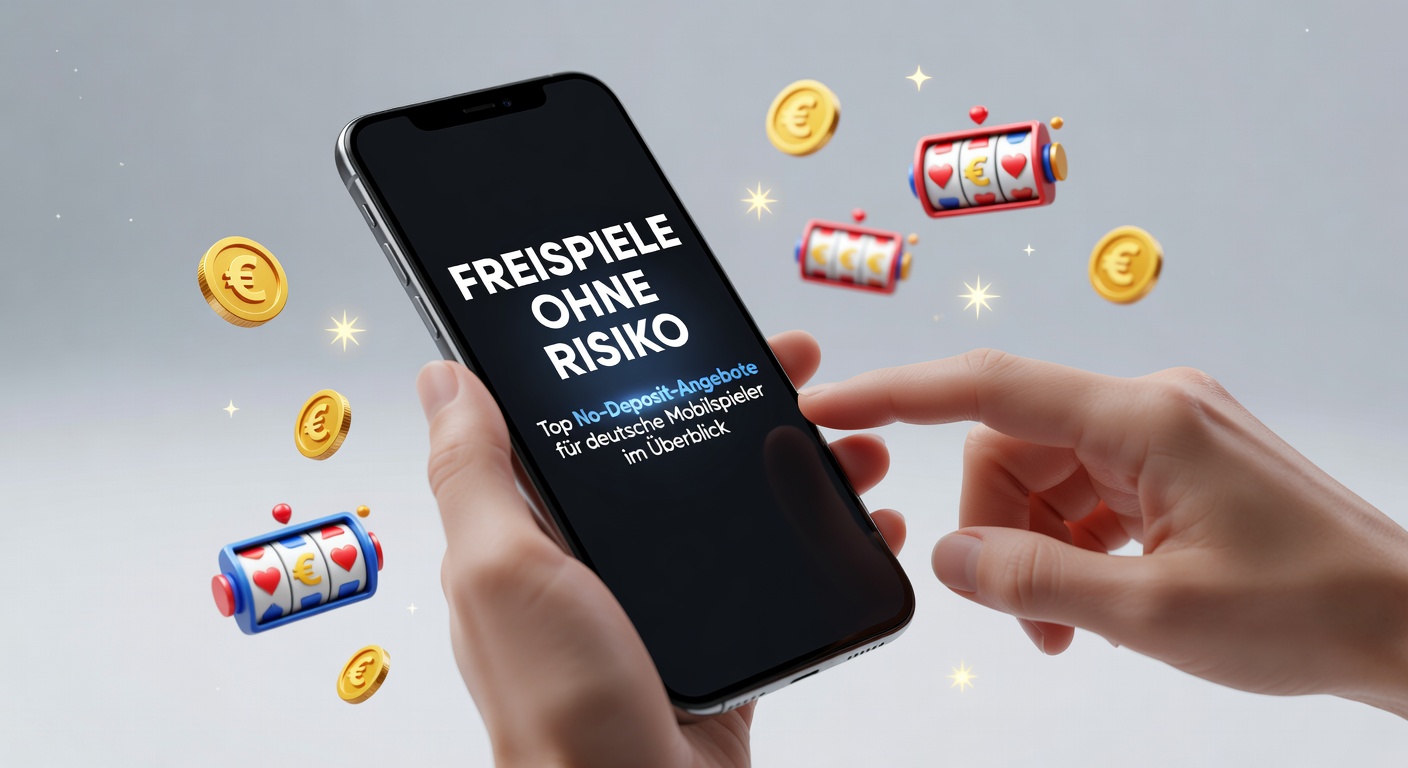 Smartphone mit Casino-App und drehendem Slot-Rad, das No-Deposit-Freispiele symbolisiert