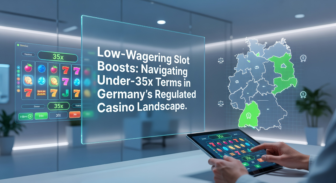 Grafik zeigt Slot-Maschinen mit niedrigen Umsatzbedingungen und deutschen Casino-Logos im Vordergrund, symbolisiert faire Bedingungen im regulierten Markt