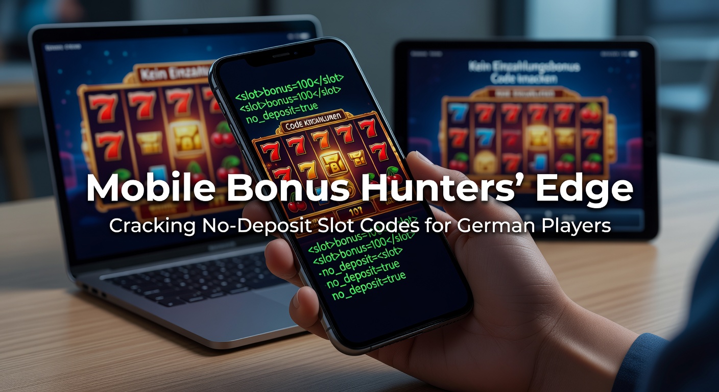 Smartphone mit Slotspiel-App und No-Deposit-Code-Anzeige auf dem Bildschirm, umgeben von deutschen Flaggen und Casino-Icons
