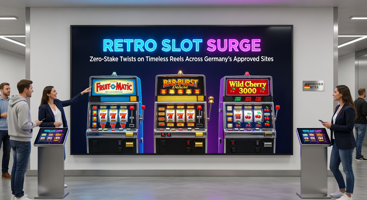 Detaillierte Darstellung eines Retro-Slots mit Gamble-Funktion in Zero-Stake-Modus, umgeben von deutschen Casino-Logos und Sicherheits-Siegeln für Lizenzen