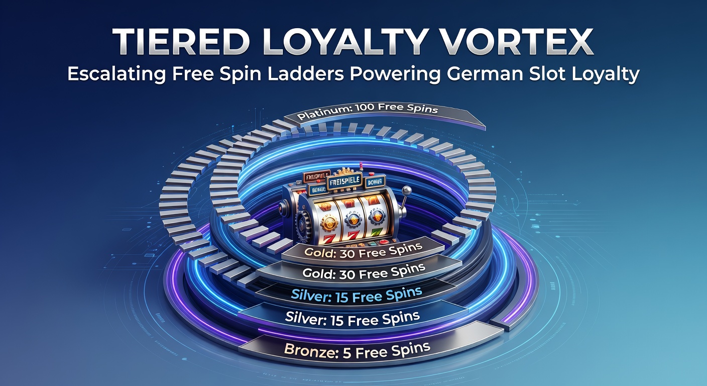 Grafik eines Wirbels aus Loyalty-Stufen mit aufsteigenden Free-Spin-Leitern in einem Slot-Casino-Design